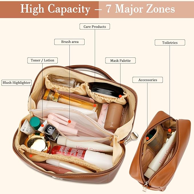 Birthday Gifts for Women Teen Girl, Personalized Initial Makeup Organizer Bag Set, Open Flat Travel Cosmetic Bag With Clear Divider and Handle(Brown,C)