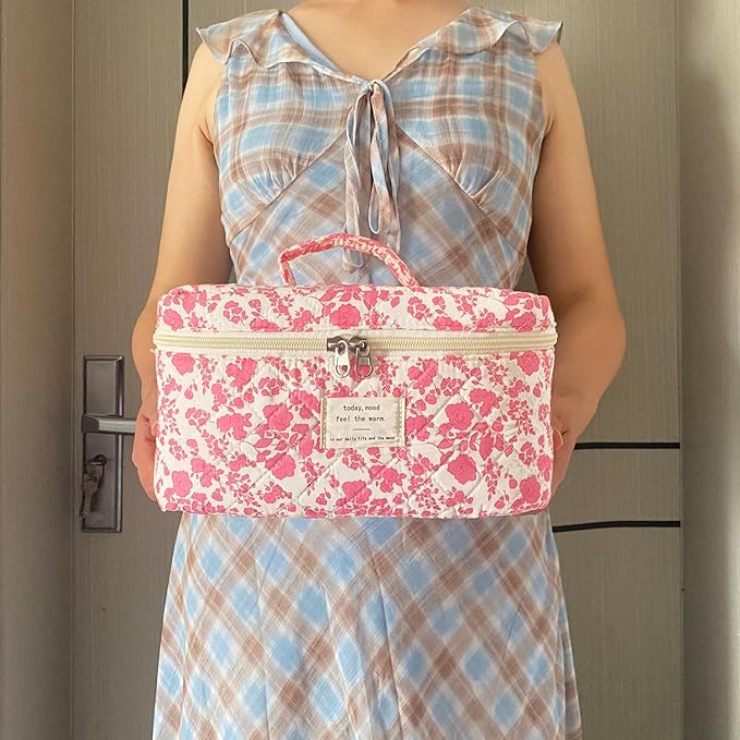 Pink Large Quilted Floral Makeup Bag Cute Soft Coquette Aesthetic Cosmetic Bag Cotton Travel Toiletry Bag for Women