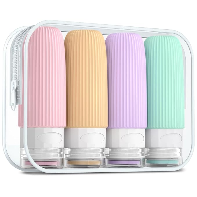 Travel Bottles for Toiletries, Tsa Approved 2oz Travel Bottles, BPA Free Leak Proof Travel Size Toiletry Containers, Refillable Travel Accessories with Toiletry Bag for Shampoo Liquid (4 Pack)