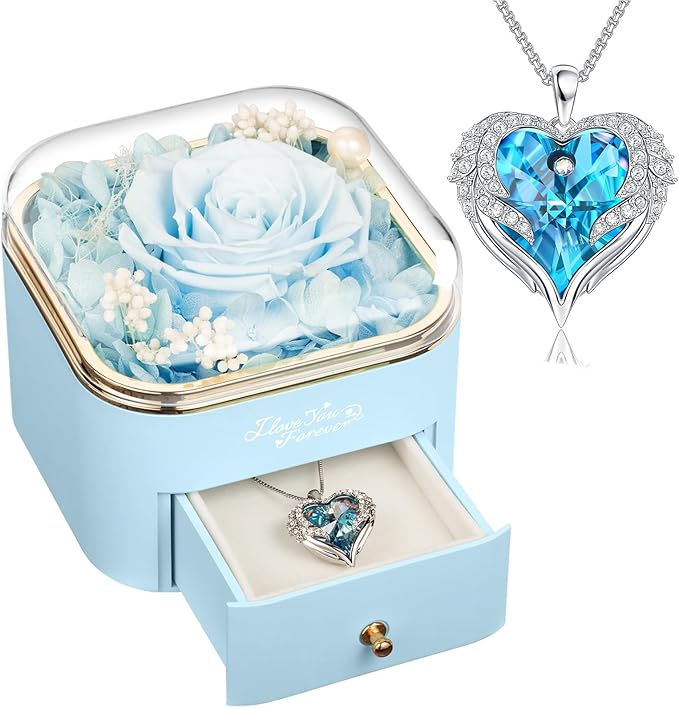 Preserved Real Light Blue Rose with Angle Wings Necklace, Forever Flowers Gifts for Mom Grandma Wife Girlfriend at Christmas Valentines, Anniversary Birthday Gifts for Women, I Love You Gifts for Her