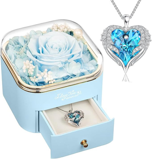 Preserved Real Light Blue Rose with Angle Wings Necklace, Forever Flowers Gifts for Mom Grandma Wife Girlfriend at Christmas Valentines, Anniversary Birthday Gifts for Women, I Love You Gifts for Her
