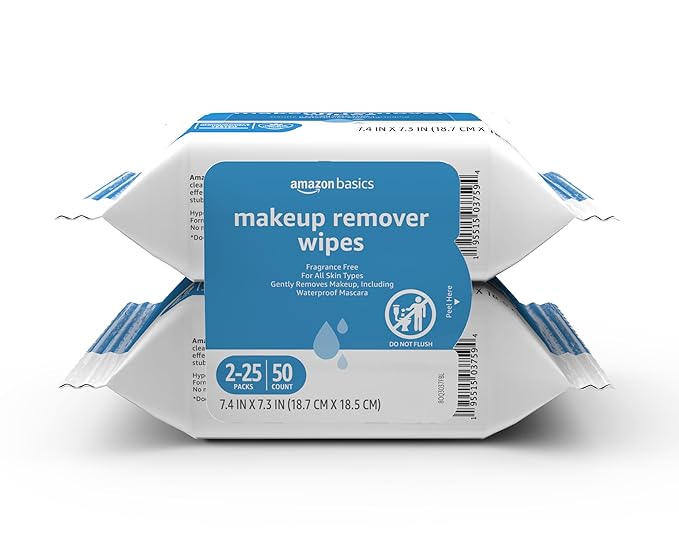 Amazon Basics Makeup Remover Wipes, Fragrance- and Alcohol-Free, Gentle Cleansing, Removes Waterproof Mascara, Dermatologist Tested, 25 Count, Pack of 2 (Previously Solimo)