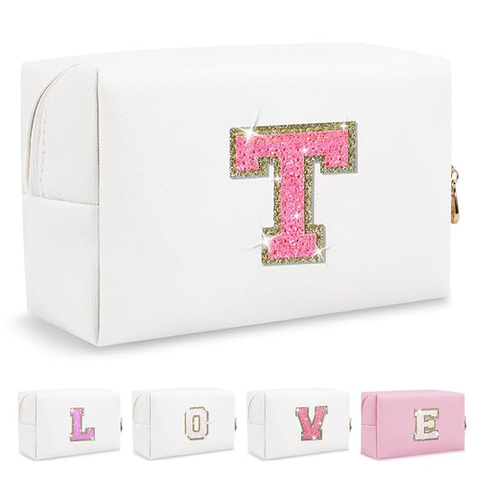 Small Personalized Initial A-Z Patch Makeup Bag,White Cute PU Leather Glitter Letter Cosmetic Bag for Teen Girls,Travel Toiletry Bag with Zipper,Preppy Monogrammed Birthday Gift for Daughter Niece T