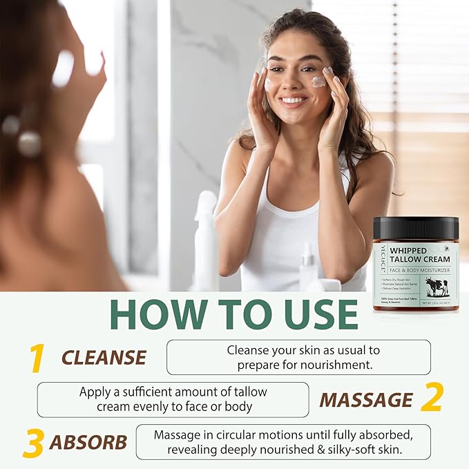 Beef Tallow for Skin, Tallow and Honey Balm, All Natural Moisturizer Hydrates and Nourishes the Skin, Deeply Moisturizing for Face & Body, Organic Grass Fed Whipped Beef Tallow & Honey Beeswax-4.2 Oz