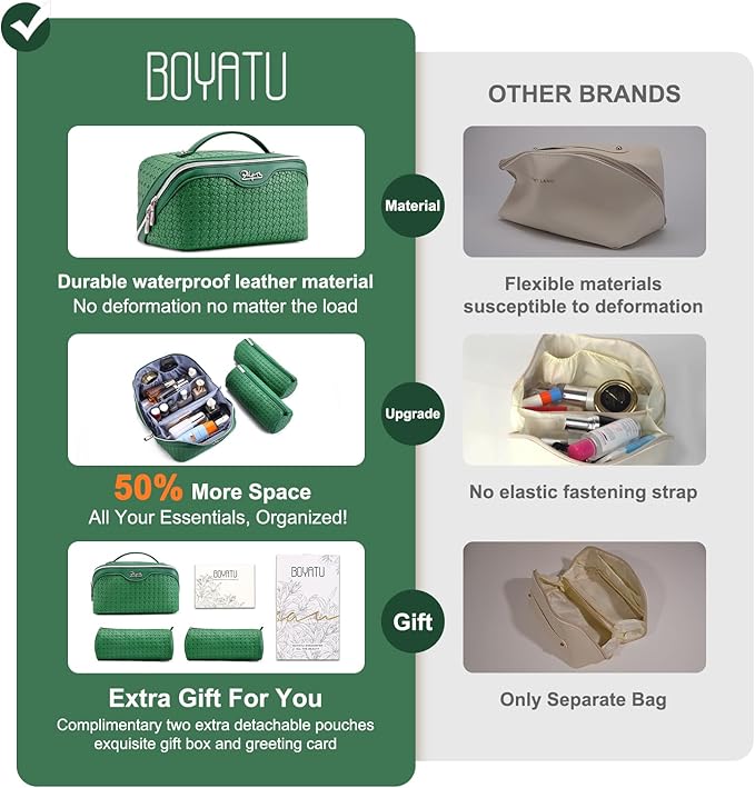BOYATU Travel Makeup Bag Cosmetic Bags for Women: Large Capacity 3 Pcs Set Make up Bag with Compartments - Waterproof Vegan Leather Toiletry Organizer Bags with Handle - Travel Essentials(L12 Green)