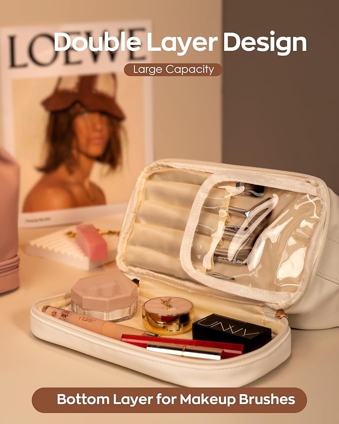 Makeup Bag with Handle, Waterproof Double Layer Cosmetic Bag, Large Capacity PU Leather Makeup Bags Letter Travel Toiletry Bag with Makeup Brush Organizer