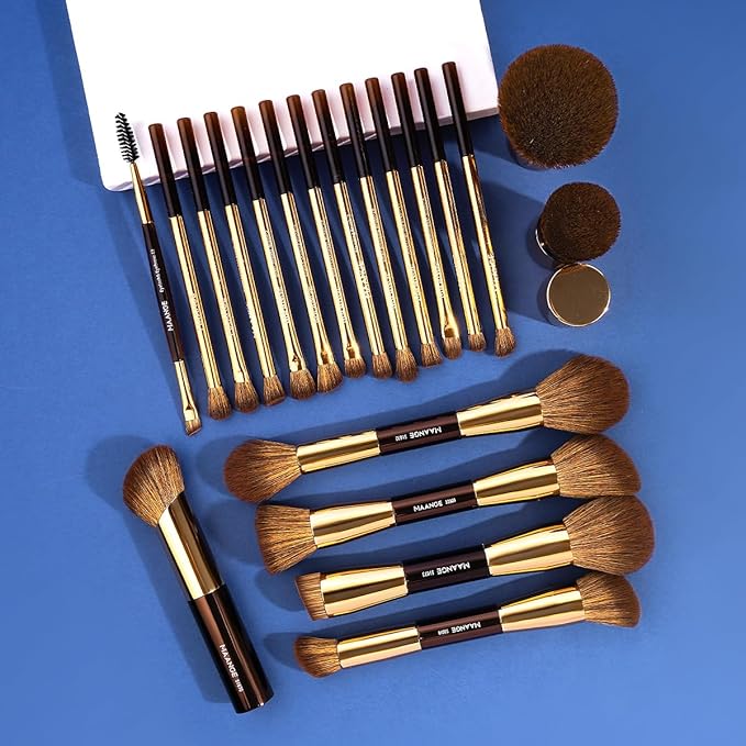 MAANGE 20 PCS Foundation Makeup Brush Set, Double-ended Kabuki Contour Brush for Liquid Powder Concealer Blending Blush Makeup Tools (Coffee Gold)