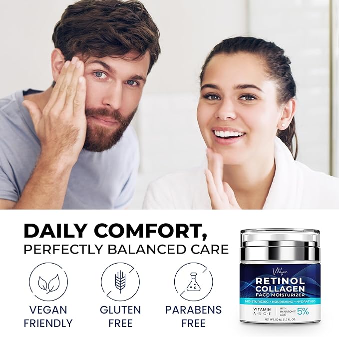 Face Moisturizer for Aging Skin: Wrinkle Cream for Older Women and Men 50 and 60 plus with Retinol, Collagen and Hyaluronic Acid – Facial Moisturizer for Mature Skin, 1.7 fl. Oz (Medium, Unscented)