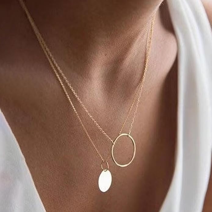 Dainty Gold Heart Necklace for Women - 14K Gold/Silver Plated Cute Heart Handmade Disc Circle Bee Choker Adjustable Necklace for Women Trendy Jewelry