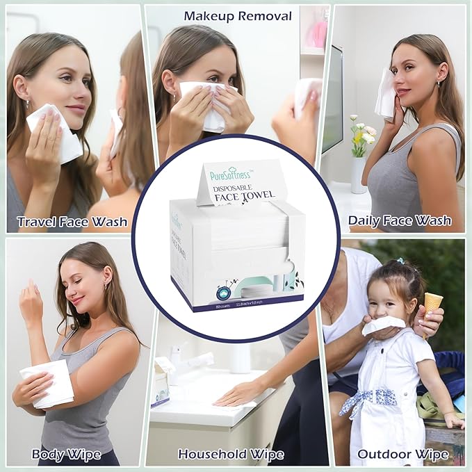 Disposable Face Towel, 100% Cotton, Extra Large 12" x 10", Soft Dry Wipe Face Wash, Makeup Remover, Biodegradable Towelette for Sensitive Skin 320 Count (4 Pack)
