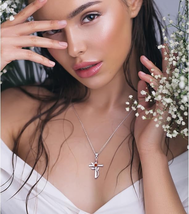 Cross Necklace for Women, 925 Sterling Silver Birthstone Necklace for Women with Rose Flower Birthstone Womens Jewelry Birthday Gifts for Wife Women