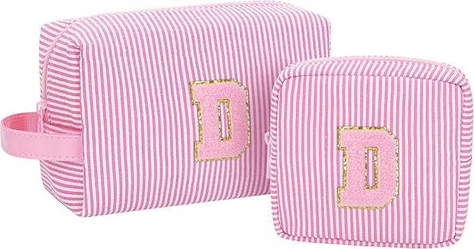 MONSTINA Gifts for Girls Teen Girls-Initial Makeup Bag|Personalized Gifts for Women Friends|Cute Toiletry Make Up Traveling Stuff Organizer 2PCS Pink D