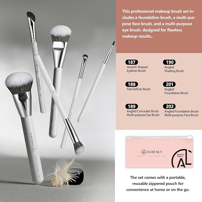 Face Makeup Brush Set 6PCS, Angled Cream Foundation Liquid Blush Brush Concealer Brush Under Eye, Nose Contour Eyeliner & Brow Brush