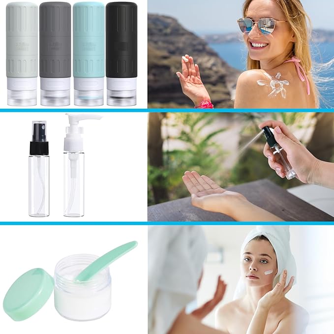 GLAMFIELDS Travel Bottles for Toiletries,TSA Approved 3.3oz Size LeakProof Silicone Toiletry Containers for Shampoo, Conditioner,Easy to Squeeze，Portable Travel Essentials for Lotion(18 Pack) Gray