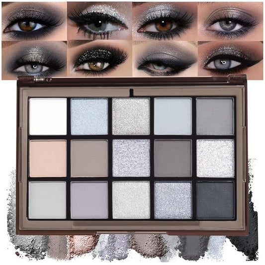 15 Colors Black Gray Silver Matte Shimmer Eyeshadow Palette for Eye Makeup,High Pigmented Brown White Eye Shadow Primers Powder Palet de sombras de ojos