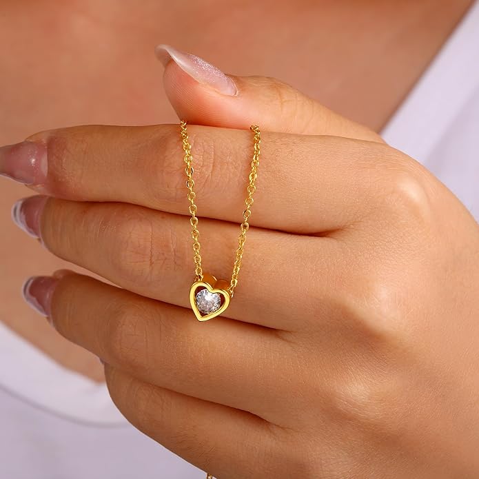 Dainty Gold Heart Necklace for Women - 14K Gold/Silver Plated Cute Heart Handmade Disc Circle Bee Choker Adjustable Necklace for Women Trendy Jewelry