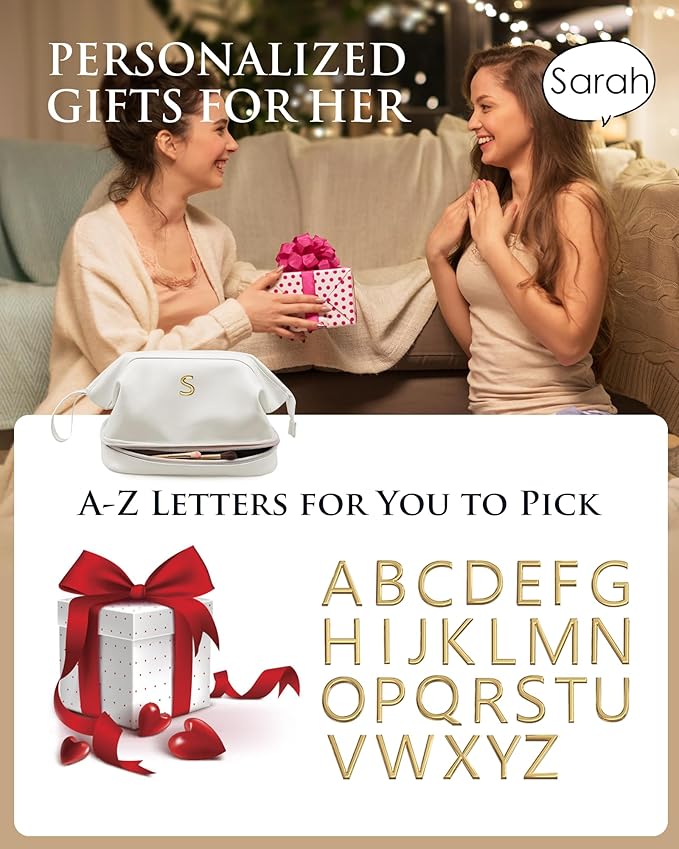 Bridesmaid Proposal Gifts, Initial Large Makeup Bag, Personalized Double Layer Cosmetic Bag with Makeup Brush Organizer, Waterproof, PU Leather Travel Toiletry Bag Graduation Gift