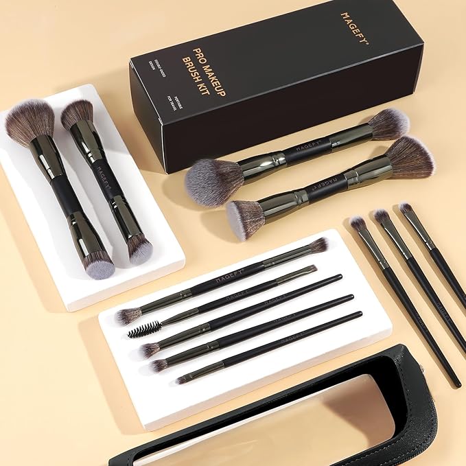 MAGEFY Makeup Brushes 12Pcs with Bag, Double-End Multi-functional for Foundation Powder Blush Eyeliner Eyeshadows brushes with Gift Box,Black