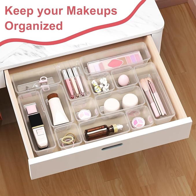 24 PCS Plastic Drawer Organizer Set, Sturdy 3-Size Makeup Vanity Desk Drawer Organizer Trays and Storage Bins for Cosmetics, Junk and Gadgets – Ideal for Bathroom, Bedroom, Office and Kitchen
