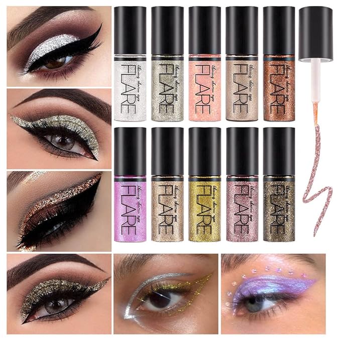 evpct 10 Colors Glitter Liquid Eyeliner Eye Eyeshadow Makeup Set, Pink Brown White Gold Glitter Liquid Eyeshadow Gel Eyeliner Set delineador de ojos contra el agua delineadores de colores para ojos