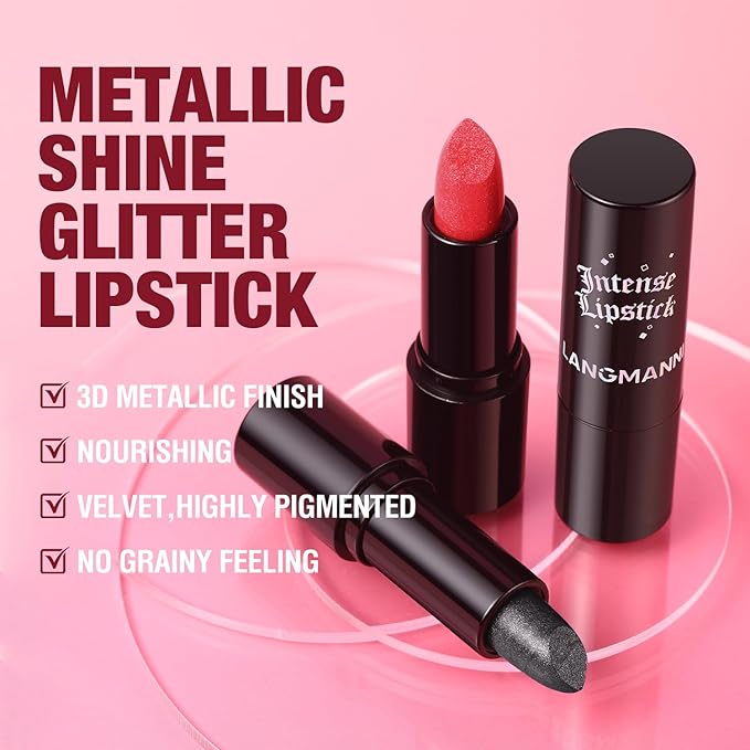 Jolilab Sparkling Lipstick Lip Gloss Long Lasting Waterproof Moisturizer Lip Balm Glitter Shimmer Metallic Lipstick, Diamond Shiny Bold Glow Goth Lipstick for Women Girls,Non-sticky (2, 07#+04#)
