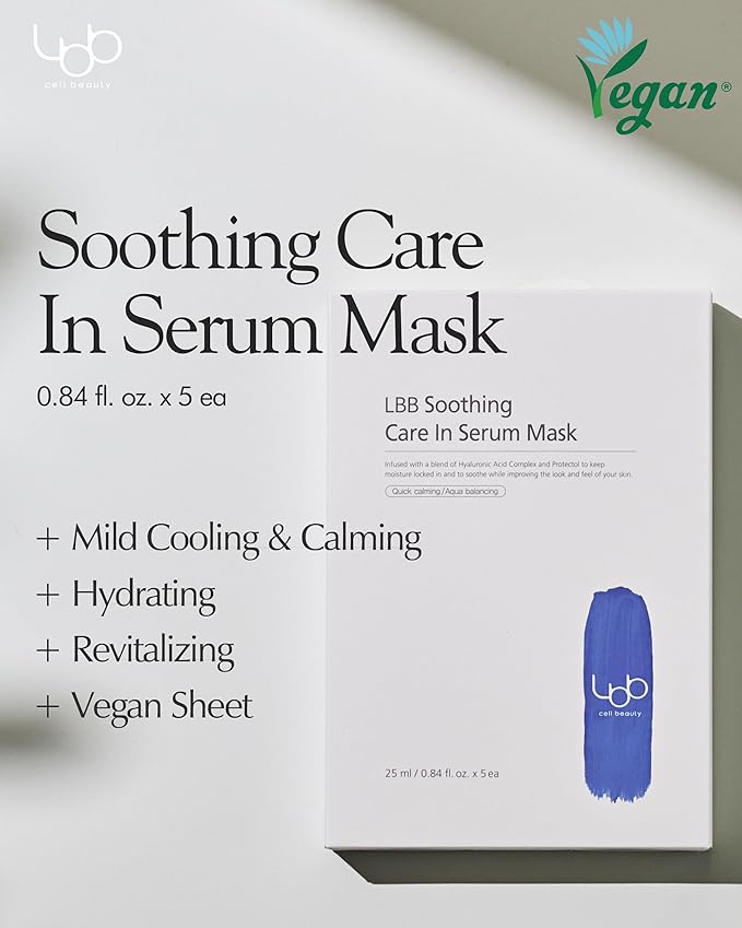 LBB Soothing Care In Serum Mask - Hypoallergenic Face Mask Sheet for Calming, Moisturizing - Vegan Paper Mulberry Sheet - Protectol, Hyaluronic Acid, 5 Sheet