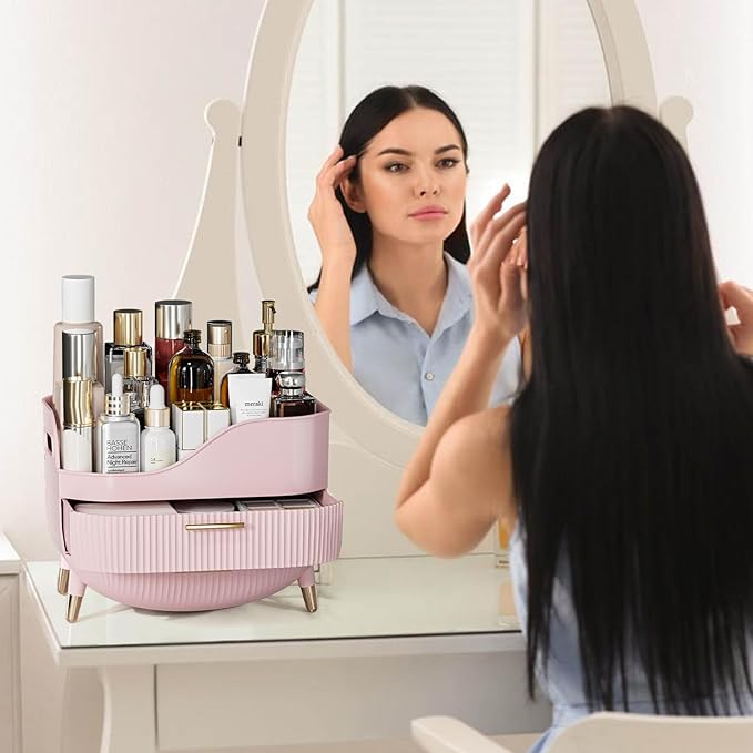Makeup Organizer for Vanity, Large Capacity Skincare Cosmetic Organizer Countertop with 2 Drawers, Cosmetic Display Cases Makeup Storage Box for Bedroom, Bathroom, Ideal Gifts for Women(Pink)