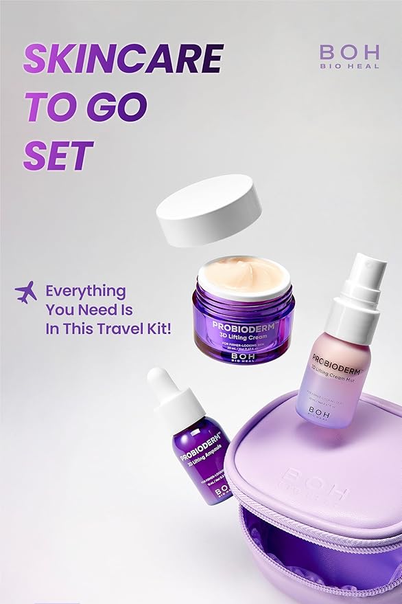 BIOHEAL BOH Probioderm 3D Lifting Travel Size Skin Care Kit | Korean Skincare Set for Firming & Hydration, with Ampoule, Face Moisturizer & Serum Spray | Mini Travel Essentials & Gift Set for Women