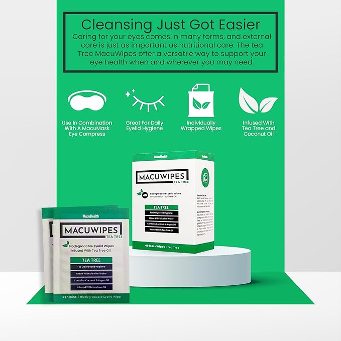 MacuHealth MacuWipes Tea Tree - Pre-Moistened Eyelid Wipes for Dry Eyes, Blepharitis & Sore Eyes, Eye Makeup Remover, Rinse-Free Formula with Tea Tree & Coconut Oil, Individually Wrapped - 40 Count