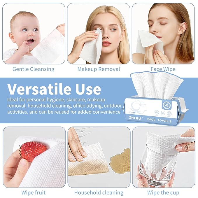 Disposable Face Towels 600 Count, Lint-Free Soft Cotton Facial Dry Wipes,8” x 8” Clean Facial Towels Wash Cloth for Sensitive Skin,Makeup Remover Dry Wipes