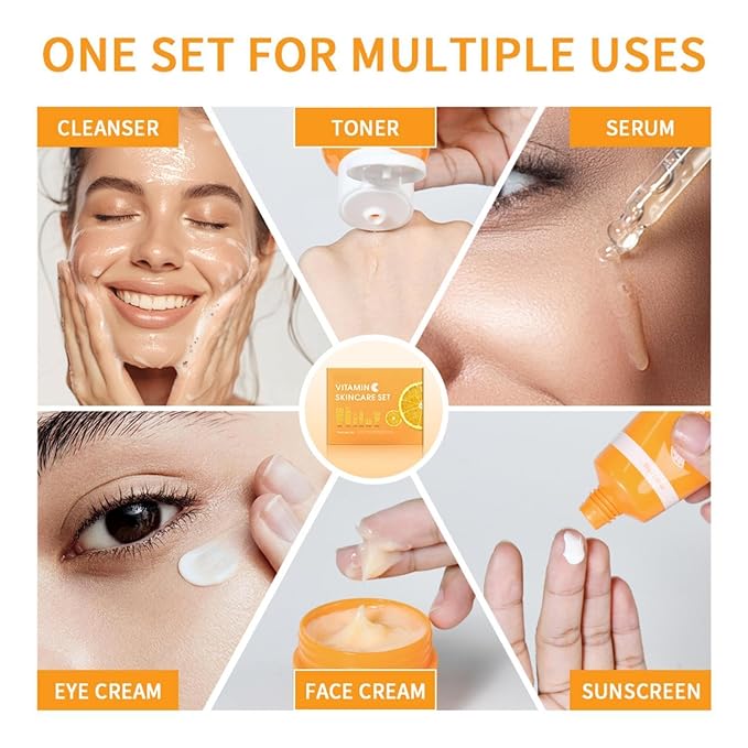 Vitamin C Skincare Set for Face - 6 Piece Kit with Cleanser, Serum, Eye Cream, Moisturizer, Sunscreen & Toner | Brightening, Hydrating & Anti-Aging | Perfect for Teens & Girls | Value Skincare Bundle