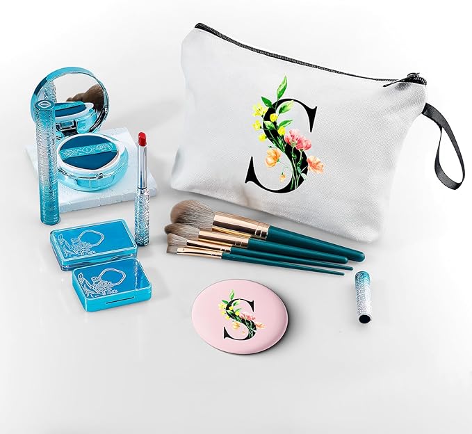 SEAMOON Birthday Bridal Shower Unique Initial Gifts for Women Mom Sister Daughter Friend Bff Personalized Travel Makeup Cosmetic Bag with Mirror Valentines Mothers Day Christmas Graduation S