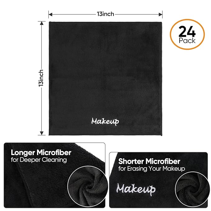 Makeup Remover Cloth, 24 Pack Black Facial Wash Cloths, Soft Coral Fleece Microfiber Towel for Face, Hand, and Bathroom(13" x 13")