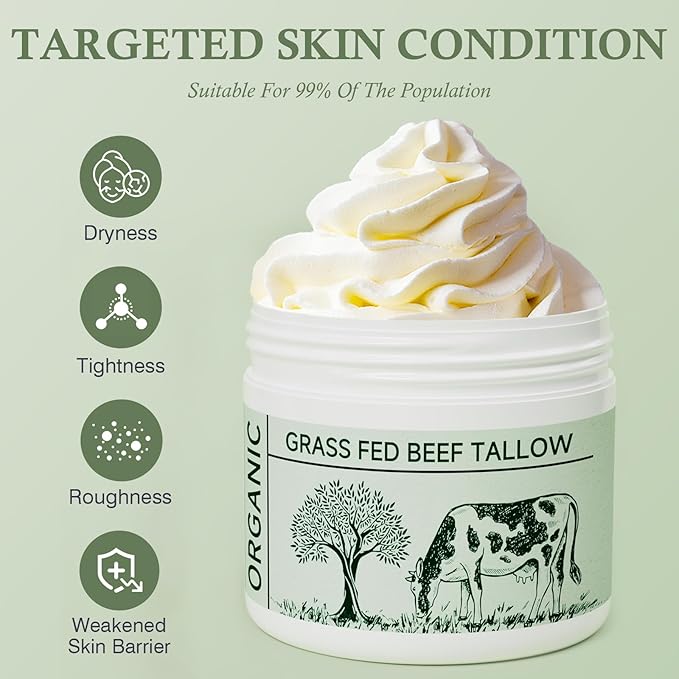 Beef Tallow, Beef Tallow for Skin, Tallow Face Moisturizer, 2 Packs Unscented Beef Tallow Blam Grass Fed Whipped Tallow Face Cream Nourishing Soothing Moisturizer Body Lotion Skin Care