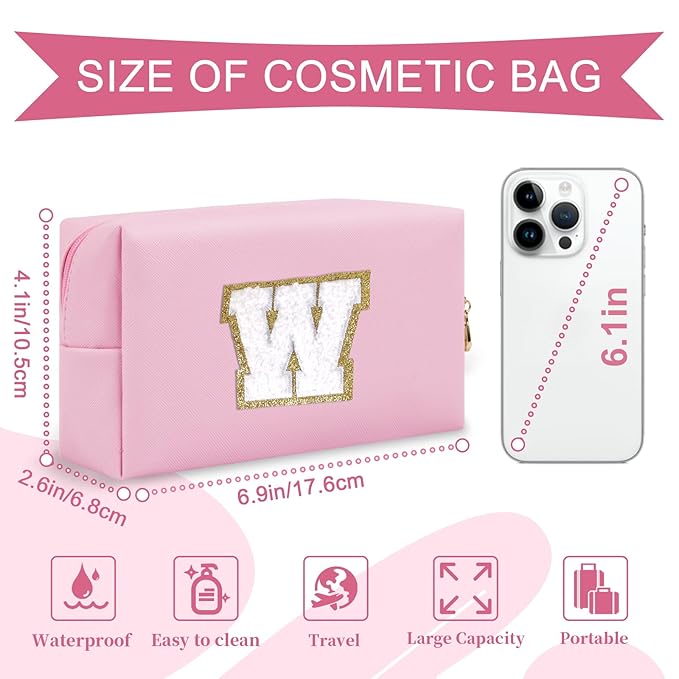 Personalized Initial A-Z Preppy Patch Makeup Bag,Small PU Chenille Letter Cosmetic Bag with Zipper for Teen Girls,Pink Cute Toiletry Organizer Bag,Monogram Makeup Case Gift for Women Girls,Letter W