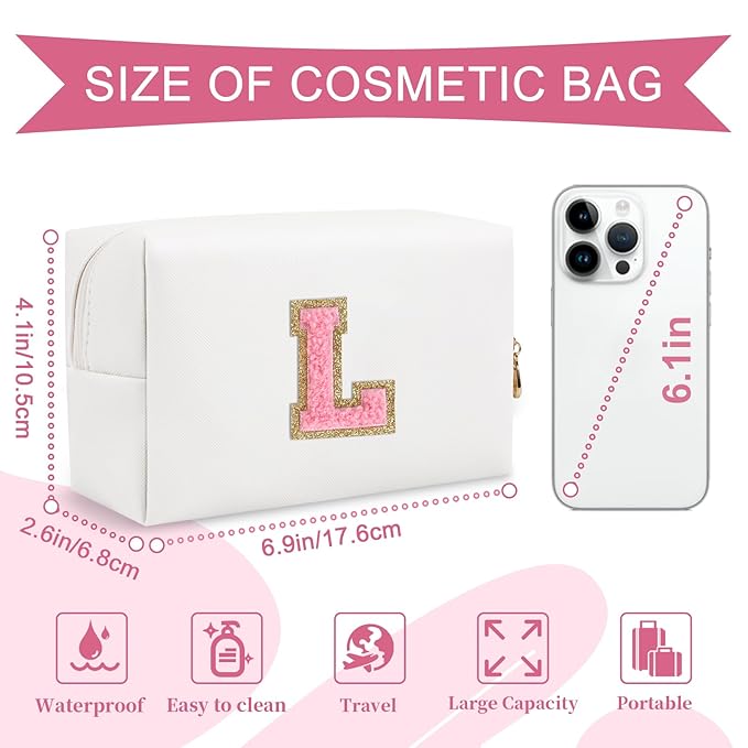 Personalized Makeup Bag Initial A-Z Preppy Patch Bag,Small PU Leather Travel Cosmetic Bag Pouch with Zipper,White Cute Toiletry Bag,Gift Ideal for Teen Girls Women Birthday Friend Mom,Letter L