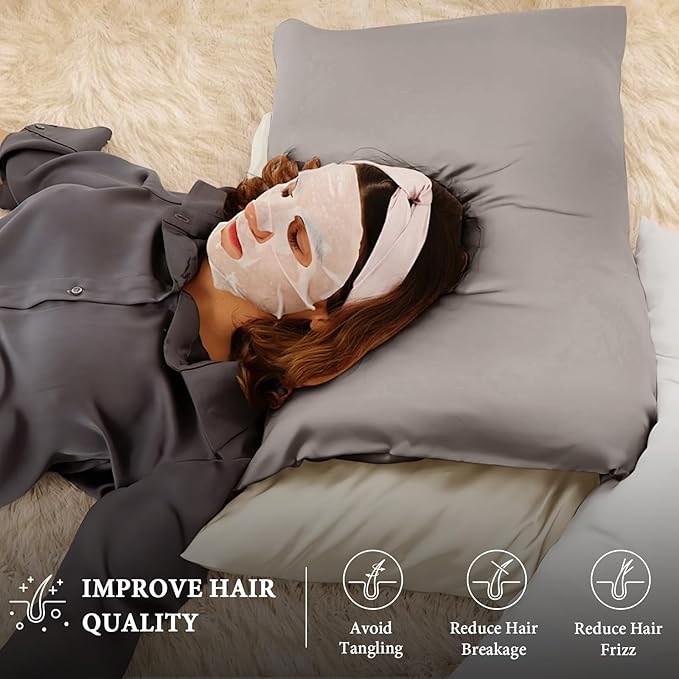 BHZ Satin Goose Down Feather Pillows King Size Set of 2 with Satin Pillowcase for Hair and Skin, Cooling Pillow Cases Similar to Silk Pillow Cases, Christmas Decorative Gifts for Women, Mom Men, Grey