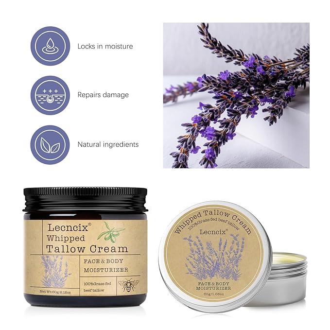 2PC Grass-Fed Beef Tallow for Skin,Tallow Face Moisturizer All-Natural Skin Care,Beef Tallow for Body & Face Moisturizer(Lavender,2.12+1.06Oz)