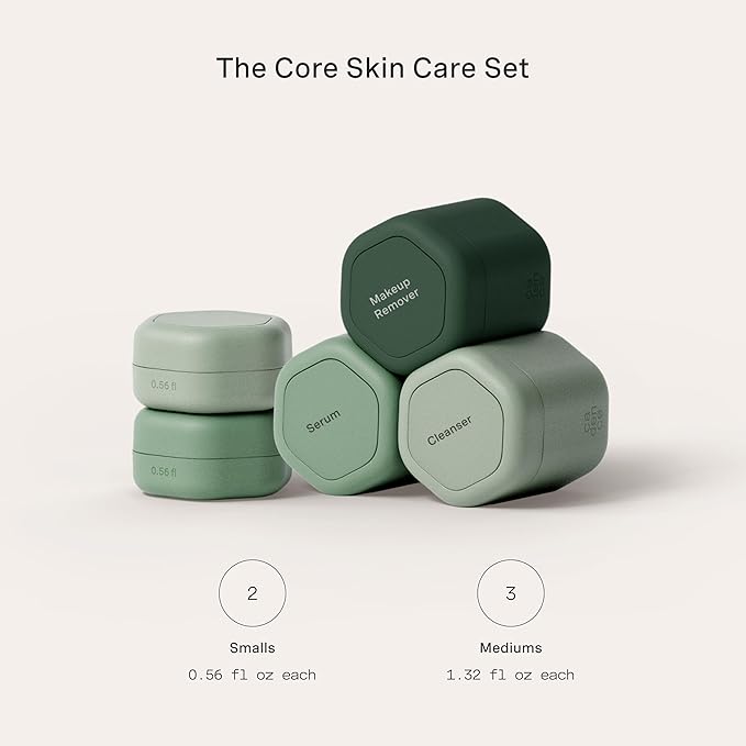 Cadence Travel Containers - Core Skincare Set - Magnetic Containers with Lids,2 Small (0.56oz) & 3 Medium (1.32oz) - Cleanser, Moisturizer, Serum, Makeup Remover & Sun Icon Labels - Evergreen