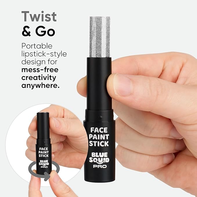 Blue Squid PRO Metallic Silver Face Paint Stick - Waterproof Silver Body Paint Adults & Kids Eye Black Baseball, Eyeblack Softball -Hypoallergenic Twist-Up Non-Toxic Makeup Stick Cosplay, Sports & SFX