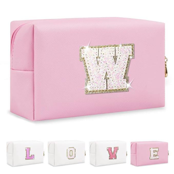 Small Personalized Initial A-Z Patch Makeup Bag,Pink Cute PU Leather Glitter Letter Cosmetic Bag for Teen Girls,Travel Toiletry Bag with Zipper,Preppy Monogrammed Birthday Gift for Daughter Niece W