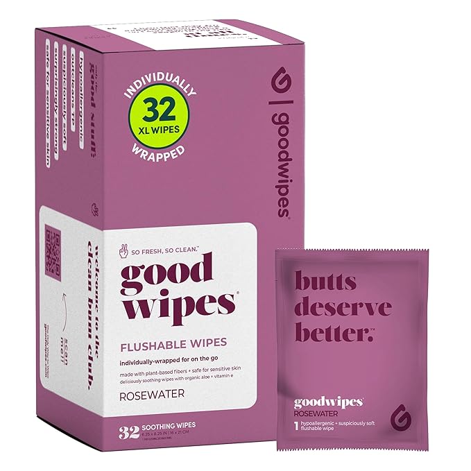 Goodwipes Flushable Wipes – Made with Vitamin E & Aloe – Soft, Individually Wrapped Butt & Feminine Cloths for On-the-Go & Travel Use – Largest Adult Toilet Towelettes – Rosewater, 1 pack, 32 count