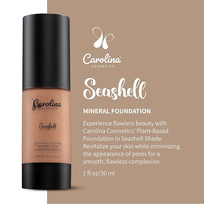 Plant-Based Foundation in Seashell Shade - Hydrating, Pore-Minimizing & Buildable Coverage - Vegan, Non-GMO, Gluten-Free, Paraben-Free- Sun Protection - 1Fl Oz
