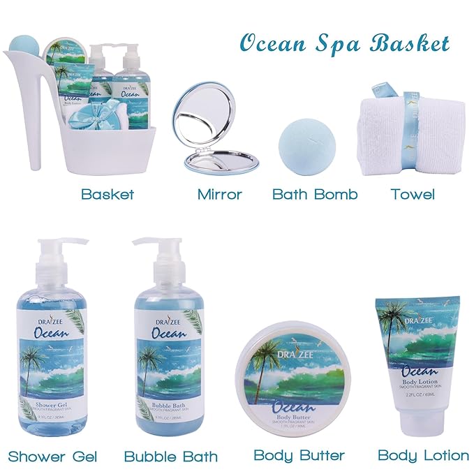 Luxury Spa Gifts for Women – 8 Pc Clean Ocean Scented Bath and Body Set with Bubble Bath, Lotion & More – Luxury Self Care Kit for Wife, Mom, Girlfriend, Birthday Gifts for Women by Draizee