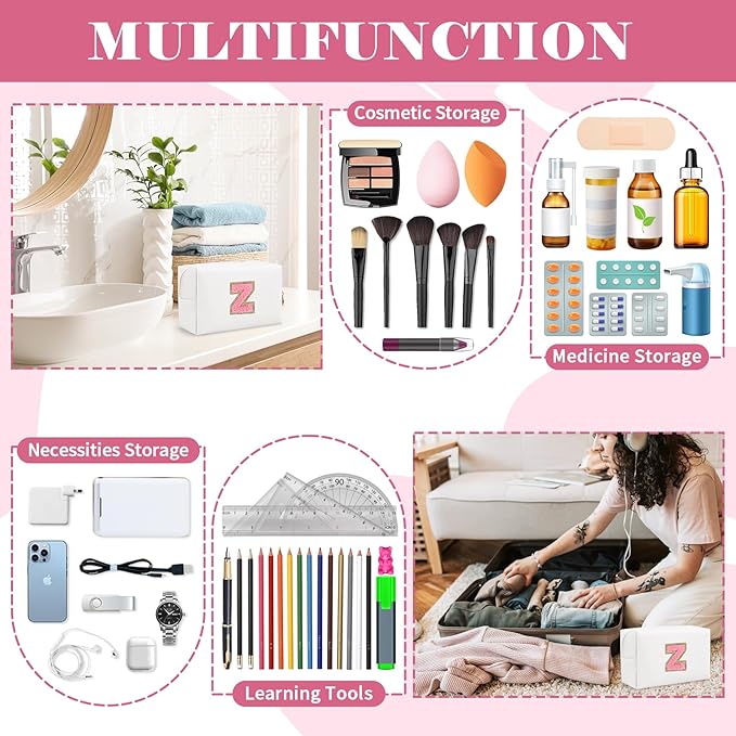 Personalized Makeup Bag Initial A-Z Preppy Patch Bag,Small PU Leather Travel Cosmetic Bag Pouch with Zipper,White Cute Toiletry Bag,Gift Ideal for Teen Girls Women Birthday Friend Mom,Letter Z