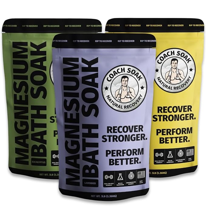 3 Pack Bundle: Coach Soak Recovery Bath Soak, Epsom Salt Bulk, Bath Salts Bulk, 3 Pack Bundle, Total of 9 Pounds (Eucalyptus, Lavender, Citrus)