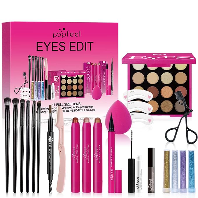 Eyes Makeup Sets Makeup Kits for Teens,with 16 Colors Eyeshadow Palette,Makeup Brushes,Eyeshadow Stick,Eyebrow Pencil,Eyelash Curler,Eyeliner,Glitter Gel,Makeup Gift Set for Girls Women