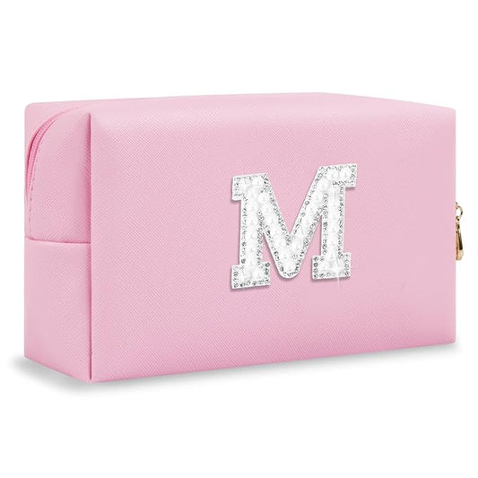 ChaoGreat Bride Gifts – Personalized Initial Makeup Bag with Pearl Rhinestone Patch, Preppy Pink Monogram Cosmetic/Toiletry Pouch, bridesmaid Gifts, Bridal Shower Gifts, Wedding Gifts, Bridal Gifts,M