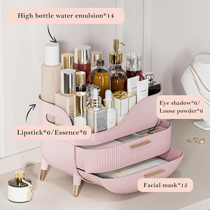 Makeup Organizer for Vanity, Large Capacity Skincare Cosmetic Organizer Countertop with 2 Drawers, Cosmetic Display Cases Makeup Storage Box for Bedroom, Bathroom, Ideal Gifts for Women(Pink)