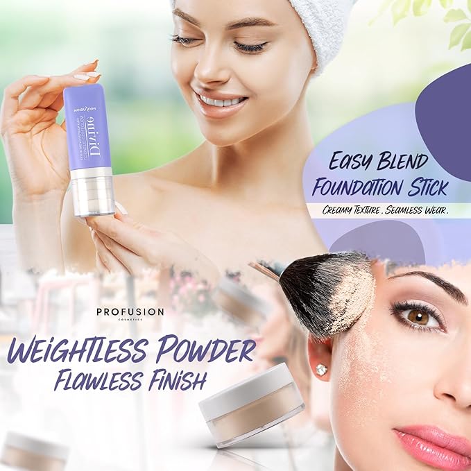 Profusion Cosmetics Divine Face Perfecting Foundation Kit, Including 1 Matte Face Primer, Foundation, Powder, Tapered Brush for Flawless Makeup